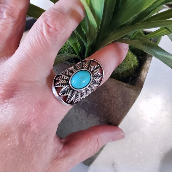 Silver Tone & Turquoise Stone Stretch Band Ring 💥3 for $24💥 - Picture 11 of 17